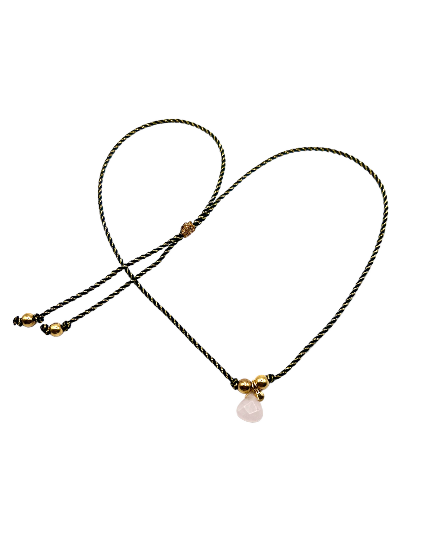 Collier quartz rose sur cordon noir et or