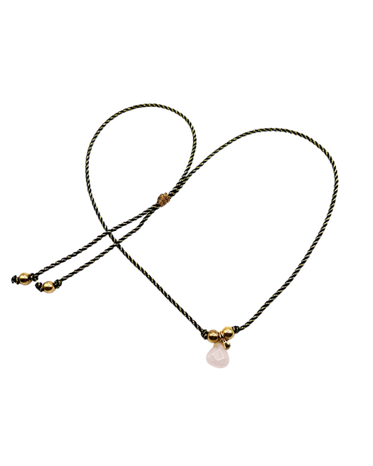 Rose quartz necklace on black and gold cord