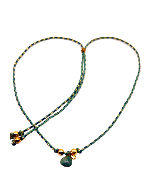 Necklace on khaki, navy and gold cord and an Indian agate